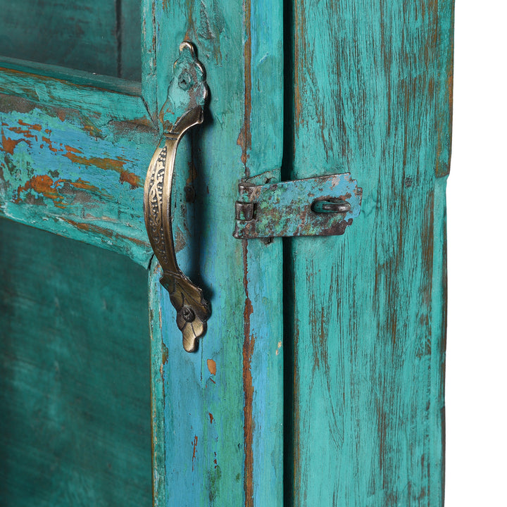 Latch Detail From Green Painted Teak Glazed Wall Cabinet | Indigo Antiques