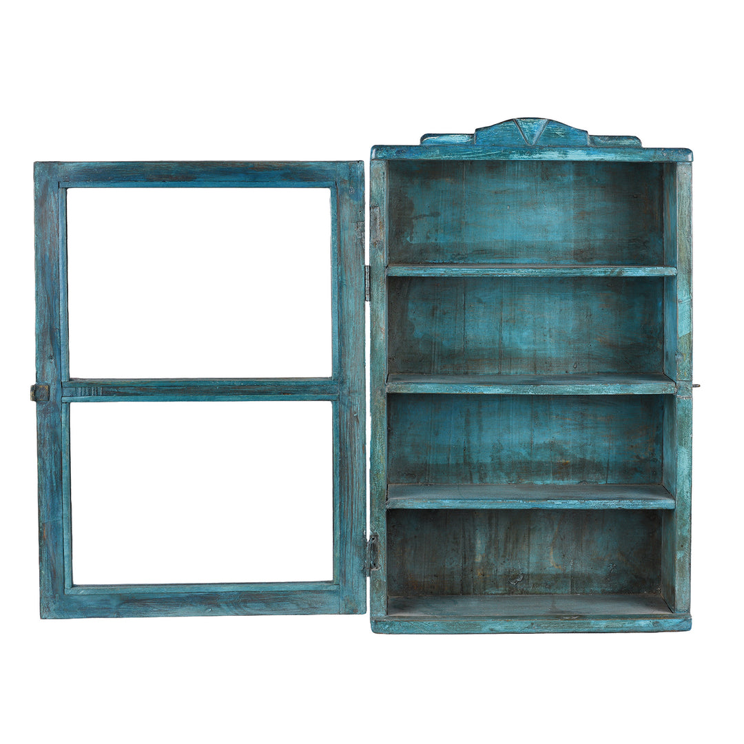 Open Door View Of Antique Blue Painted Teak Glazed Wall Cabinet  | Indigo Antiques