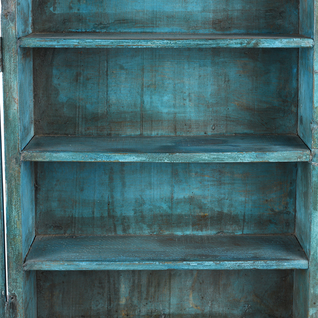 Interior Of Antique Blue Painted Teak Glazed Wall Cabinet  | Indigo Antiques
