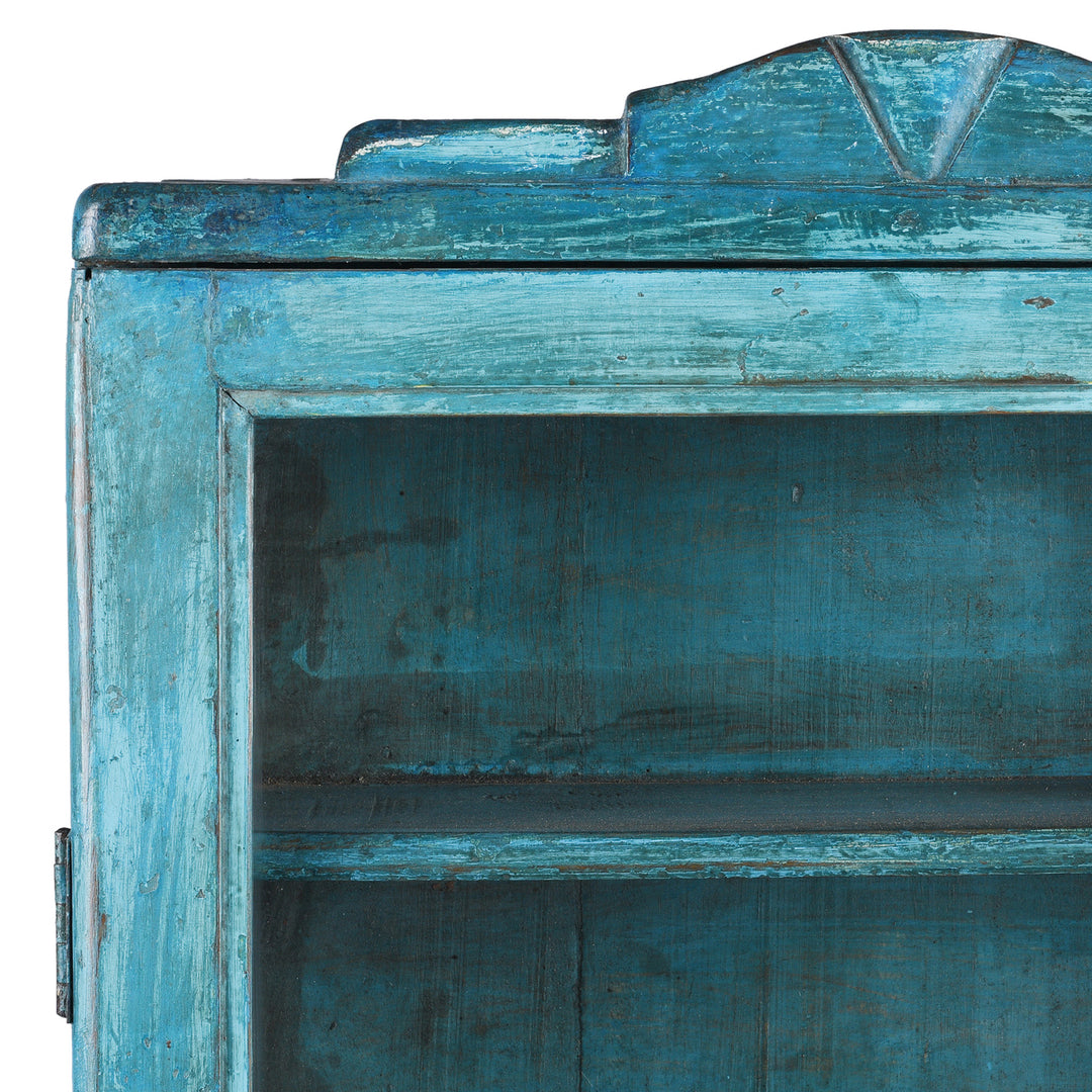 Corner Detail From Antique Blue Painted Teak Glazed Wall Cabinet  | Indigo Antiques