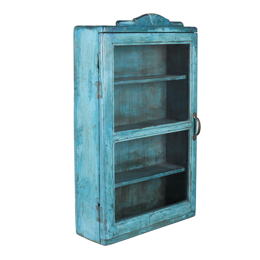 Angled View Of Antique Blue Painted Teak Glazed Wall Cabinet  | Indigo Antiques