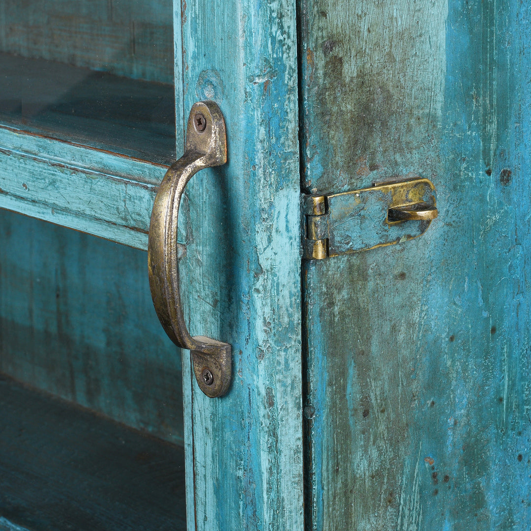 Latch Detail From Antique Blue Painted Teak Glazed Wall Cabinet  | Indigo Antiques