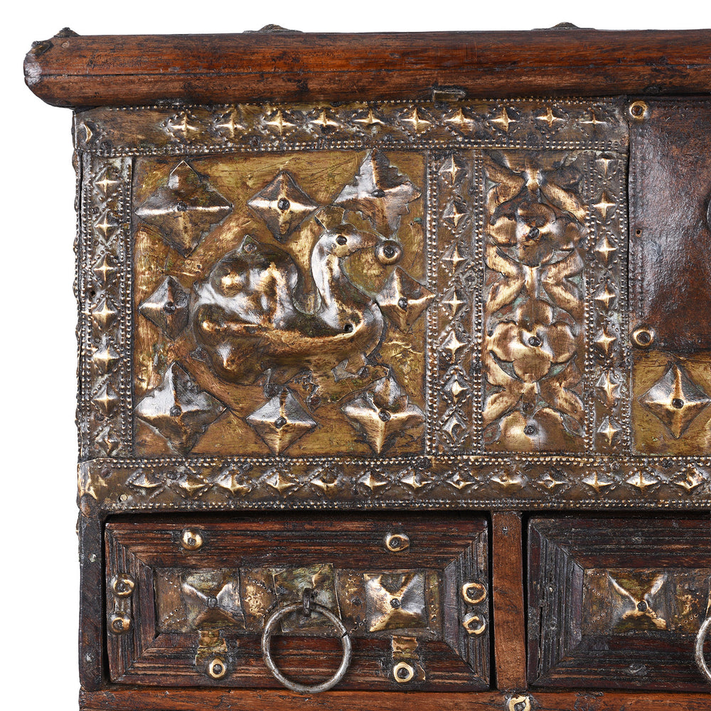 Corner Detail From Antique Indian Brass Studded Rosewood Peacock Box | Indigo Antiques