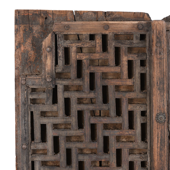 Corner Detail From 18th Century Teak Temple Door From Kota Rajasthan With Intricate Geometric Latticework And Original Iron Fittings | Indigo Antiques