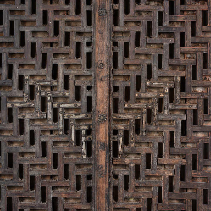 Detail From Centre Of 18th Century Teak Temple Door From Kota Rajasthan With Intricate Geometric Latticework And Original Iron Fittings | Indigo Antiques
