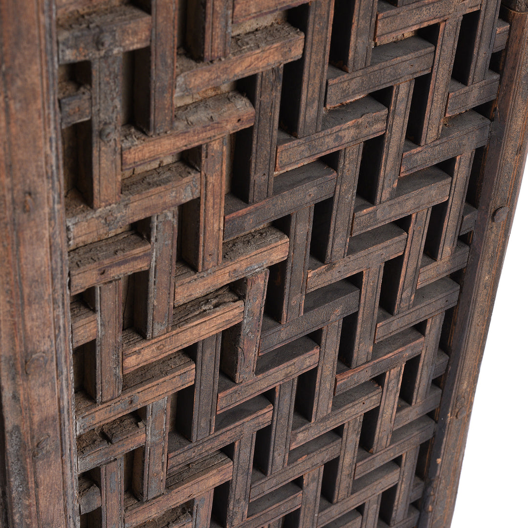 Detail From 18th Century Teak Temple Door From Kota Rajasthan With Intricate Geometric Latticework And Original Iron Fittings | Indigo Antiques
