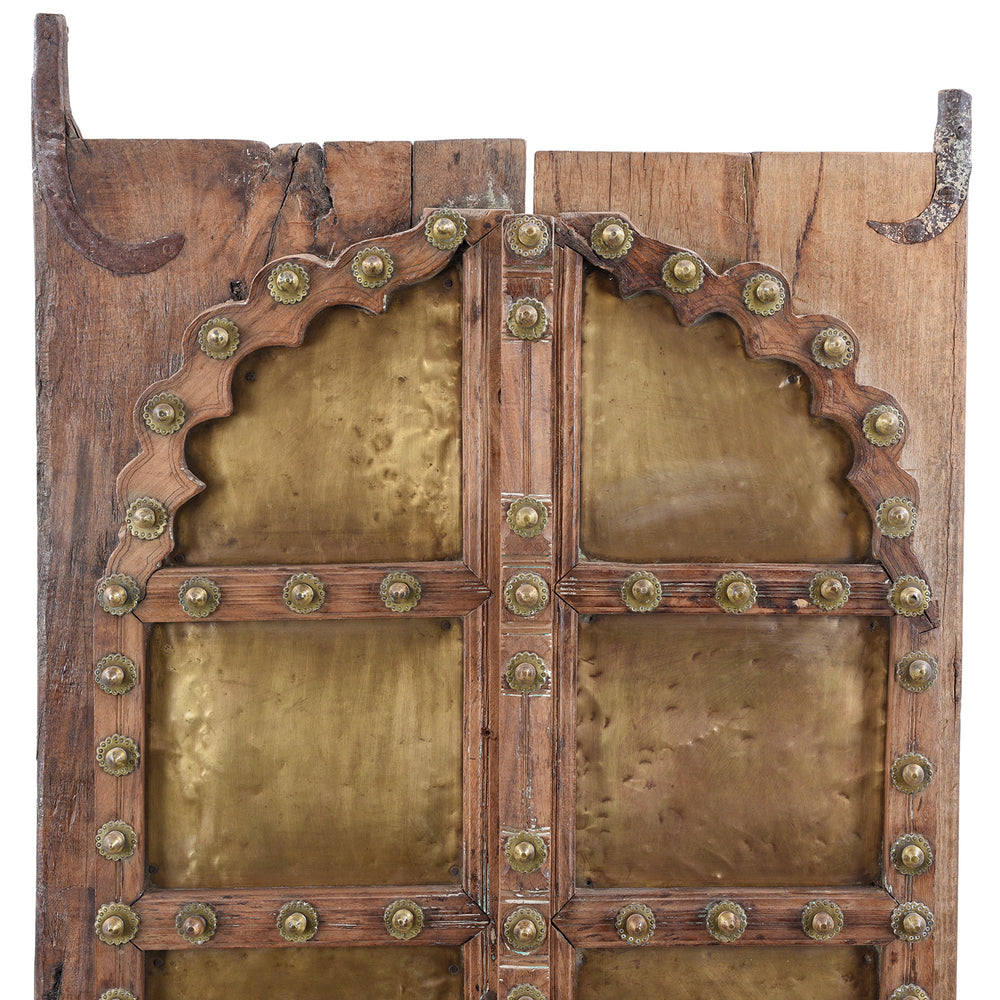Arch Detail From 19th Century Shekhawati Sheesham Wood And Brass Door With Mughal Arch Detailing Mounted On Display Stand | Inigo Antiques