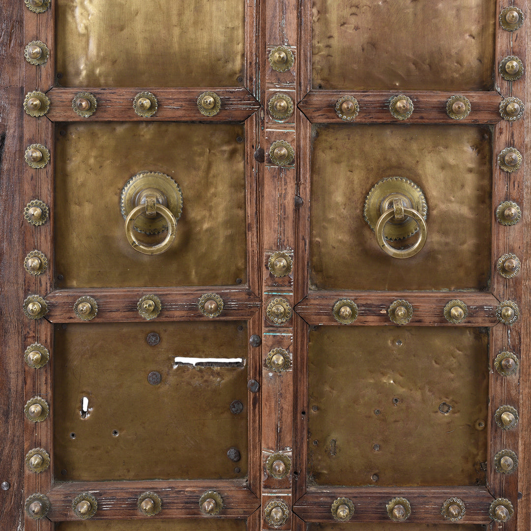 Handles Detail From 19th Century Shekhawati Sheesham Wood And Brass Door With Mughal Arch Detailing Mounted On Display Stand | Inigo Antiques