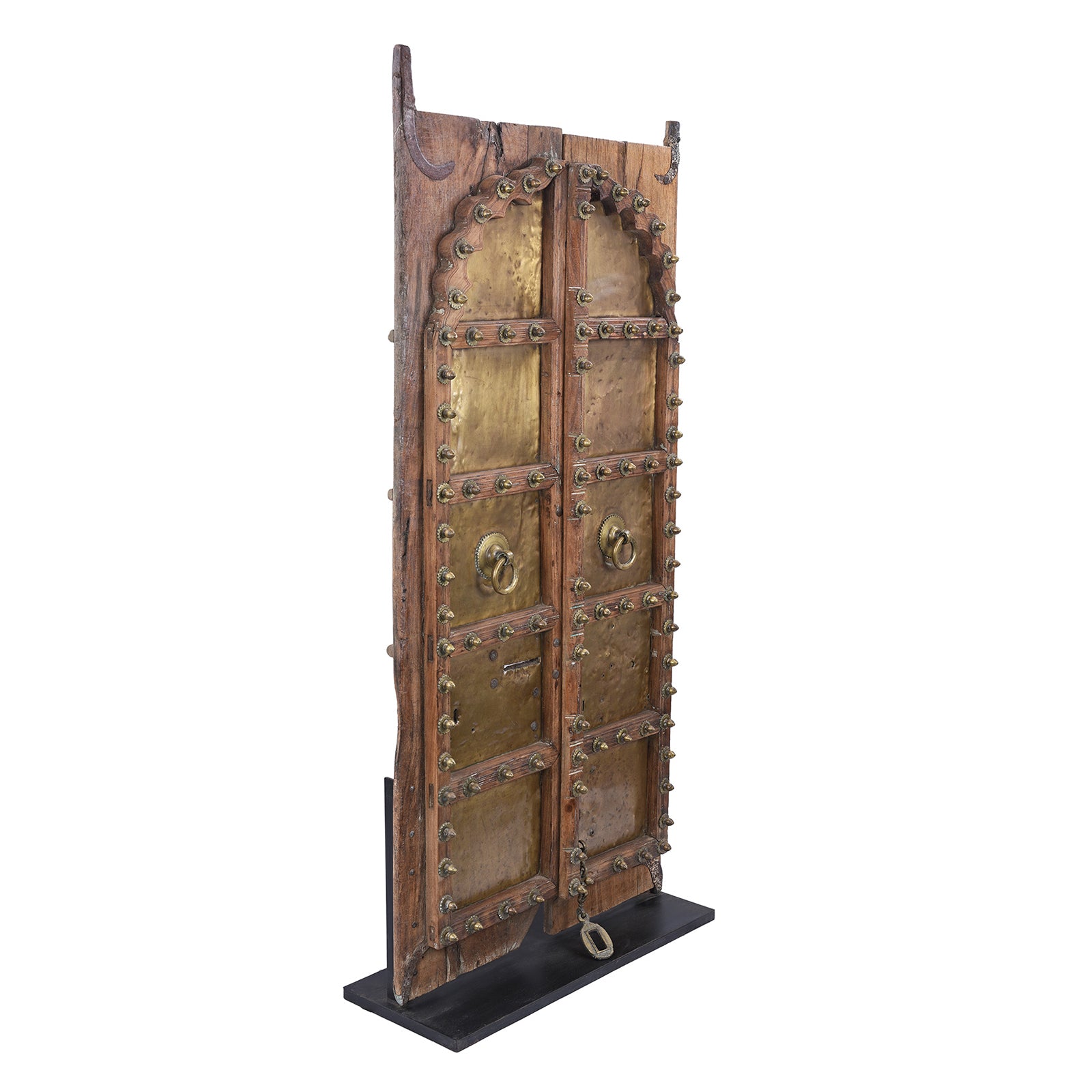 Anglded View Of 19th Century Shekhawati Sheesham Wood And Brass Door With Mughal Arch Detailing Mounted On Display Stand | Inigo Antiques