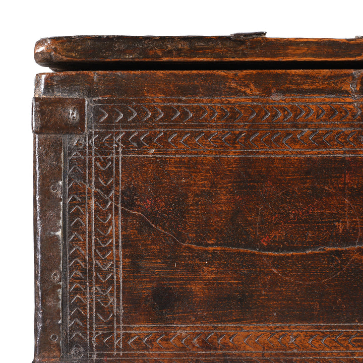 Corner Detail From Antique Chip Carved Roheda Merchants Box | Indigo Antiques