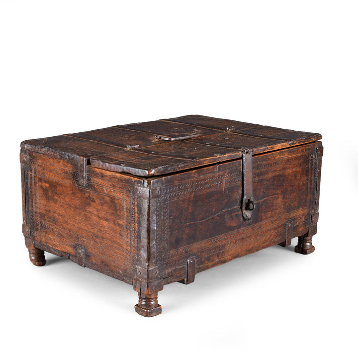 Angled View Of Antique Chip Carved Roheda Merchants Box | Indigo Antiques