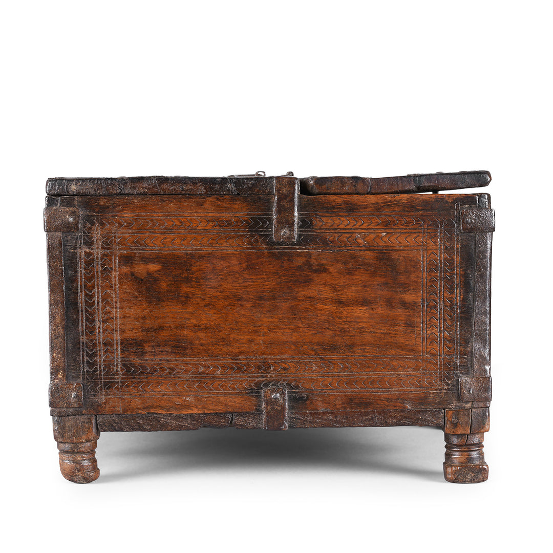 Side View Of Antique Chip Carved Roheda Merchants Box | Indigo Antiques