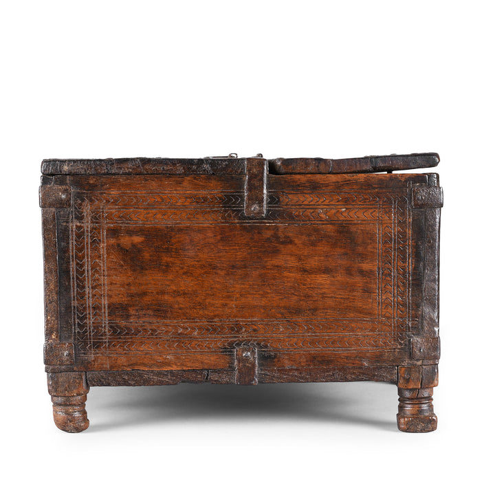 Side View Of Antique Chip Carved Roheda Merchants Box | Indigo Antiques