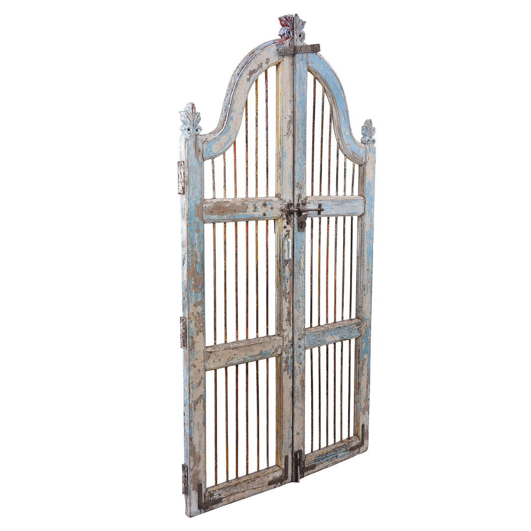Angled View Of Antique Indian Large Blue Painted Temple Dog Gates