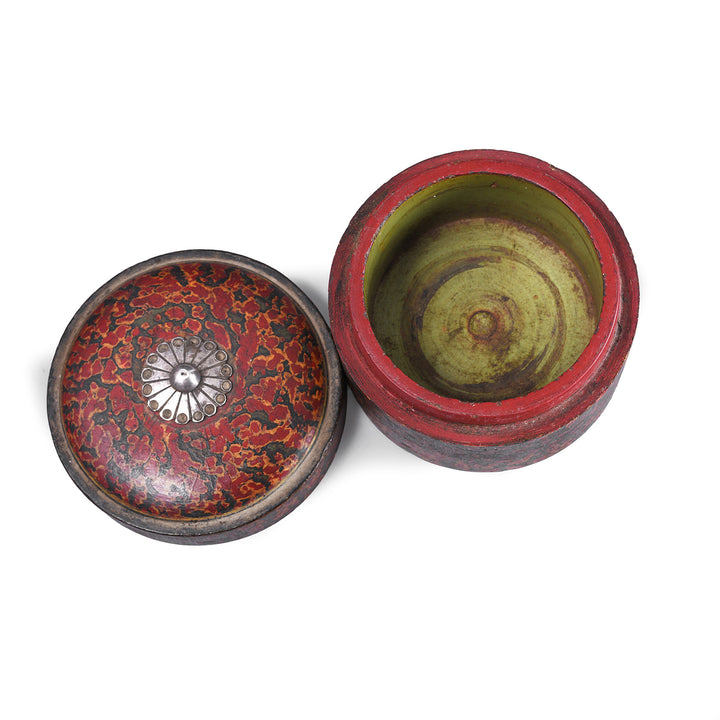 Top Down VIew Of Lid Off View Of Antique Indian Scratchwork Lacquer Pot