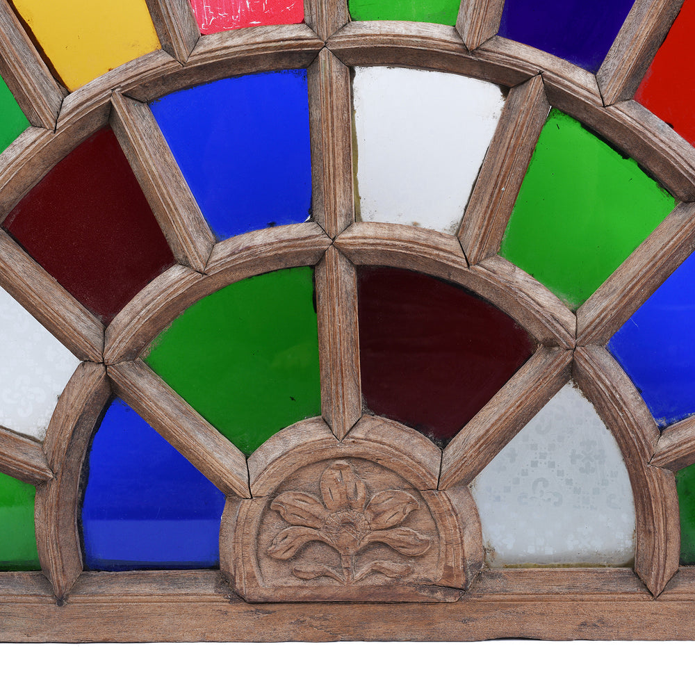Carving Detail From Early 20th Century Indian Stained Glass Fanlight Window With Carved Wooden Frame And Multicoloured Glass Panels | Indigo Antiques