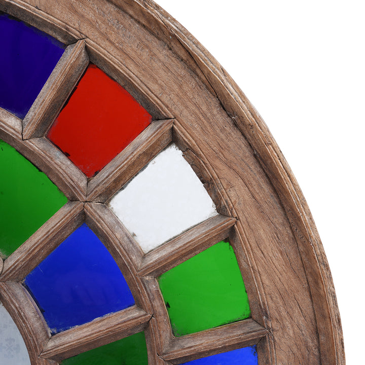 Detail From Early 20th Century Indian Stained Glass Fanlight Window With Carved Wooden Frame And Multicoloured Glass Panels | Indigo Antiques