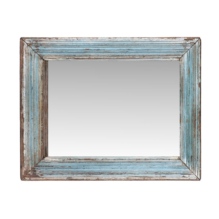 Portrait View Of Blue Painted Mirror Made From Reclaimed Teak | Indigo Antiques