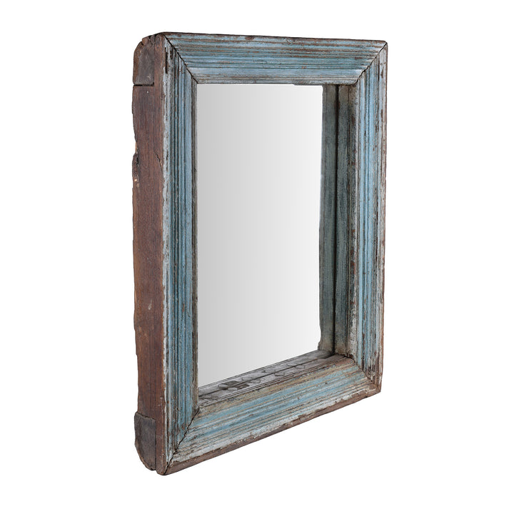 Angled View Of Blue Painted Mirror Made From Reclaimed Teak | Indigo Antiques
