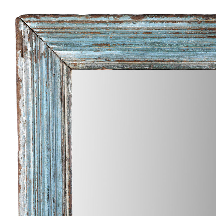 Frame Detail From Blue Painted Mirror Made From Reclaimed Teak | Indigo Antiques