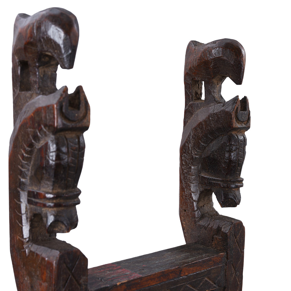 Horse Head Detail From Antique Indian Carved Teak Horse & Parrot Mirror | Indigo Antiques