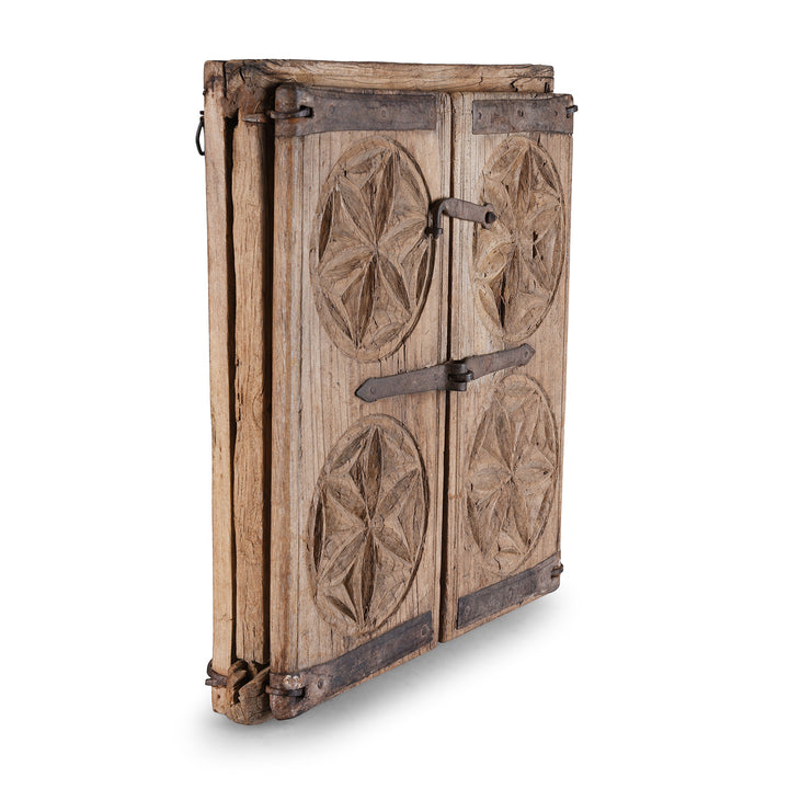 Angled View Of Antique Indian Bleached Window Shutters Rajasthani Mirror | Indigo Antiques