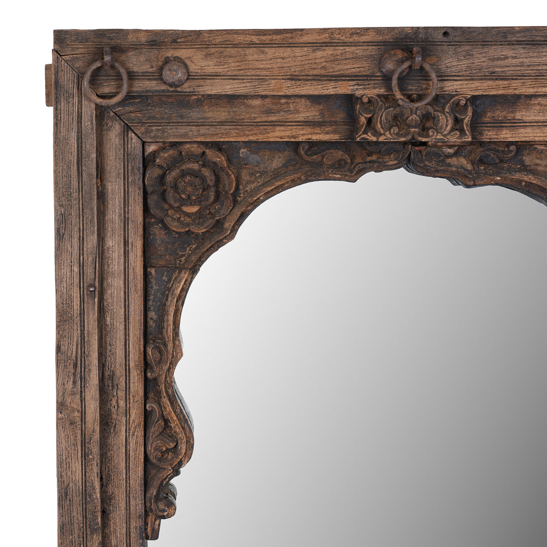 Corner Detail From Antique Teak Mihrab Window Mirror With Mughal Arch Carving From Madhya Pradesh India 19th Century | Indigo Antiques