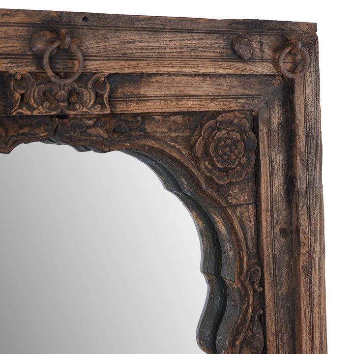 Carving Detail From Antique Teak Mihrab Window Mirror With Mughal Arch Carving From Madhya Pradesh India 19th Century | Indigo Antiques
