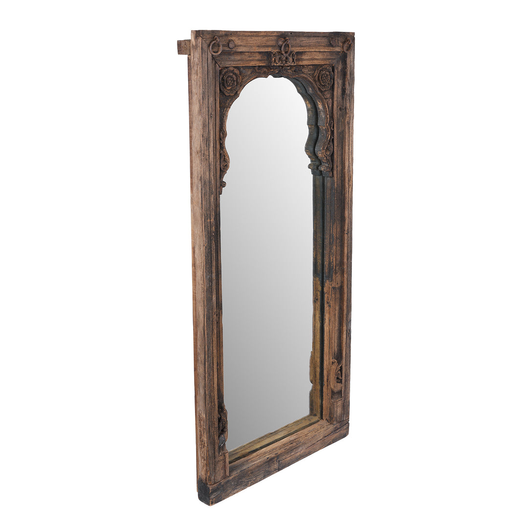 Angled View Of Antique Teak Mihrab Window Mirror With Mughal Arch Carving From Madhya Pradesh India 19th Century | Indigo Antiques