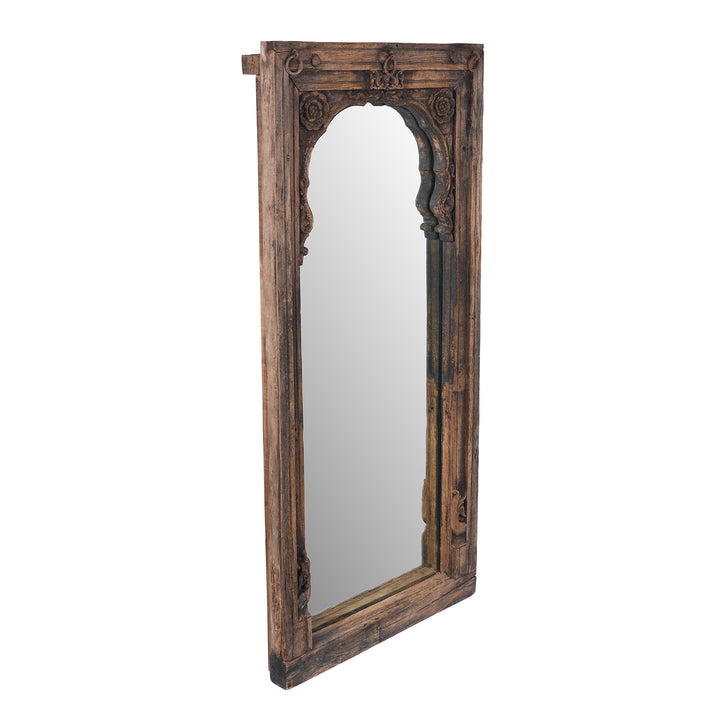 Angled View Of Antique Teak Mihrab Window Mirror With Mughal Arch Carving From Madhya Pradesh India 19th Century | Indigo Antiques