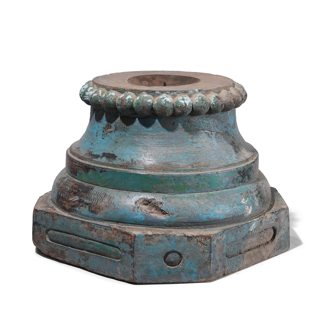 Painted Indian Pillar Capital Candlestand With Distressed Blue And Green Finish, 19th Century