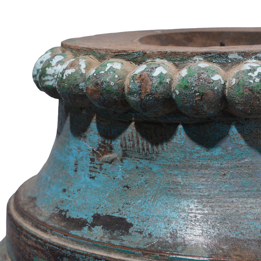 Detail From Rim Of Painted Indian Pillar Capital Candlestand With Distressed Blue And Green Finish, 19th Century