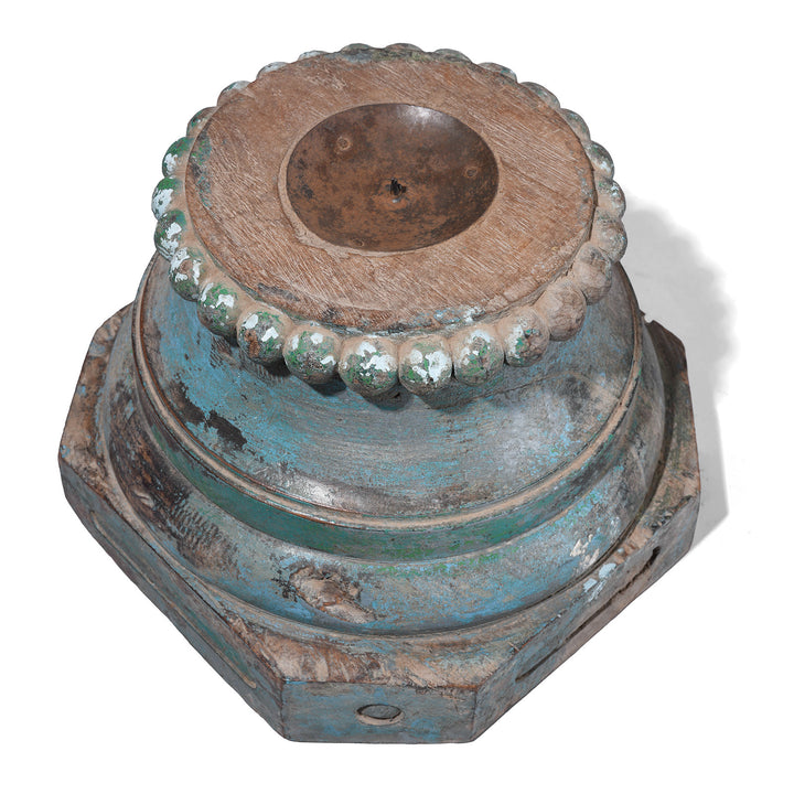 Top Down View Of Painted Indian Pillar Capital Candlestand With Distressed Blue And Green Finish, 19th Century