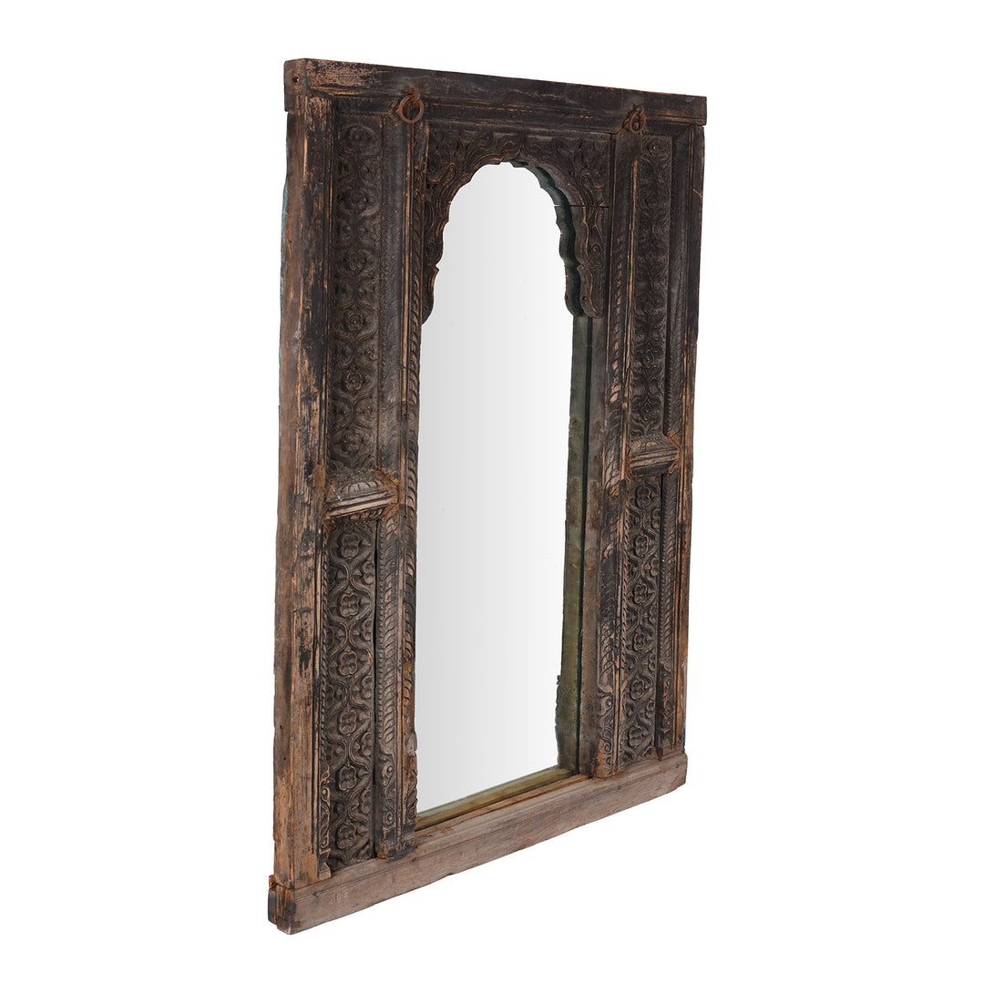 Angled View Of Antique Indian Carved Teak Window Mirror | Indigo Antiques