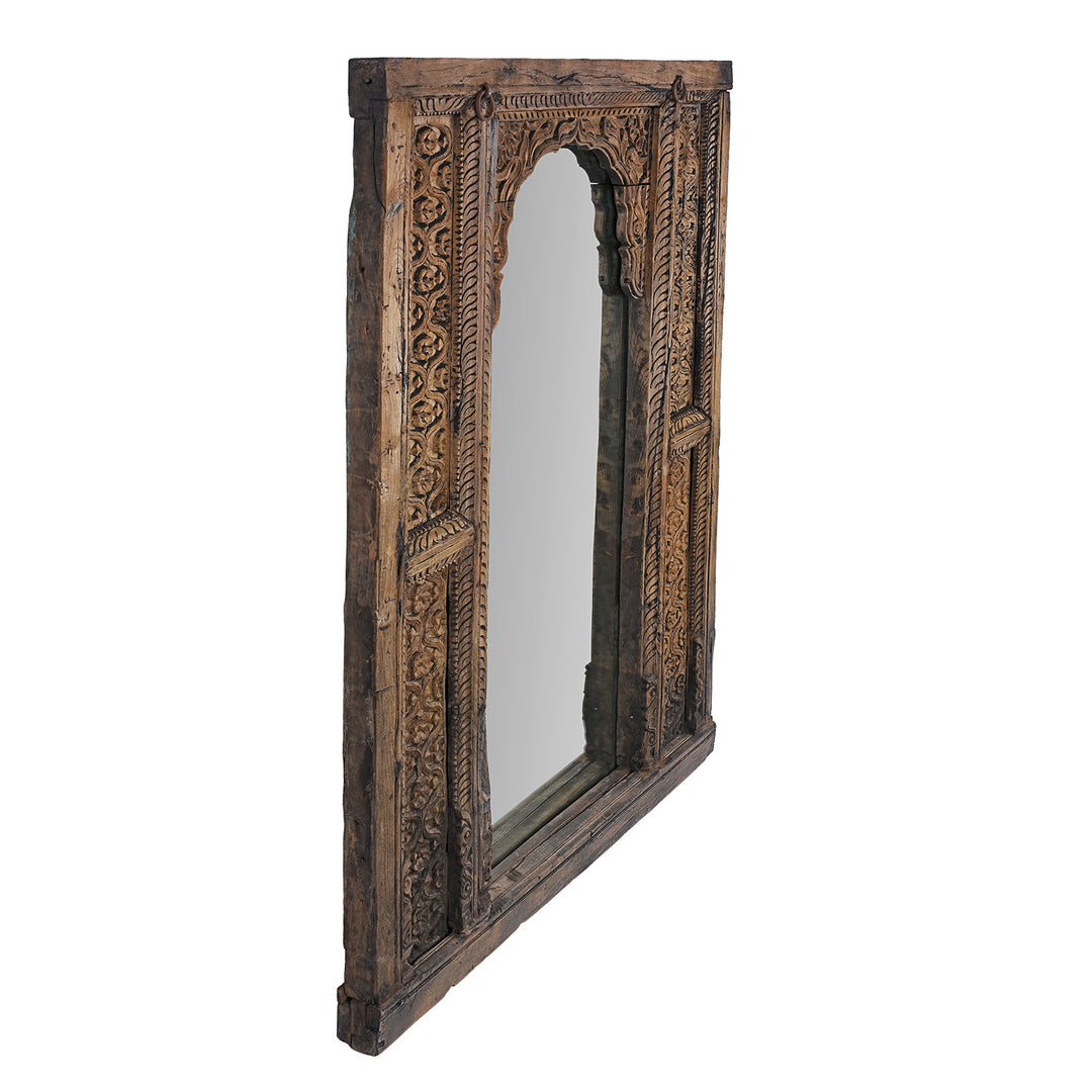 Angled View Of Antique Indian Carved Teak Window Mirror 