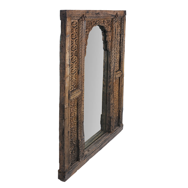 Angled View Of Antique Indian Carved Teak Window Mirror 