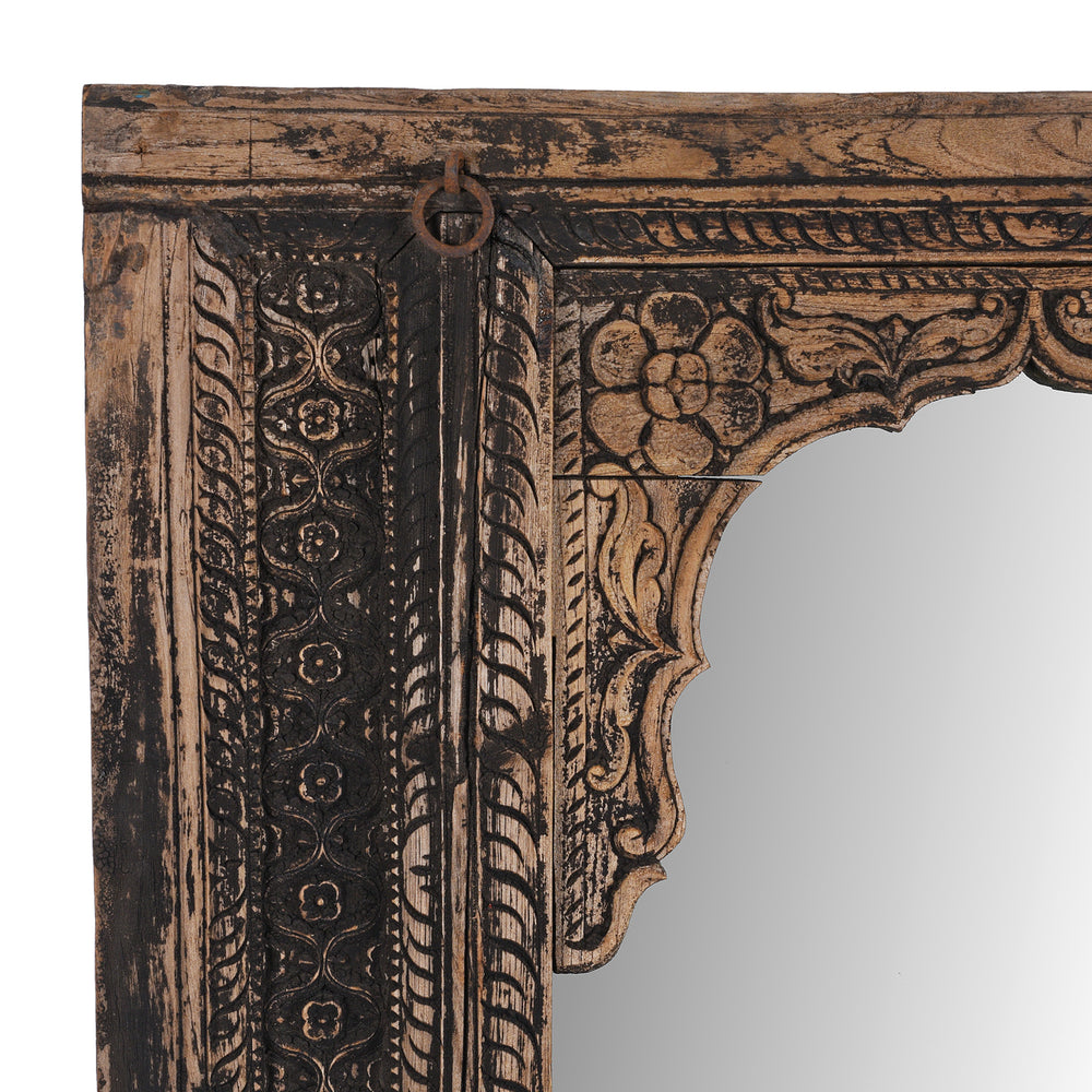 Corner Detail From Antique Indian Carved Teak Window Mirror From Maharashtra