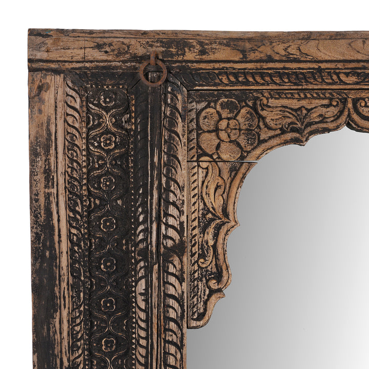 Corner Detail From Antique Indian Carved Teak Window Mirror From Maharashtra