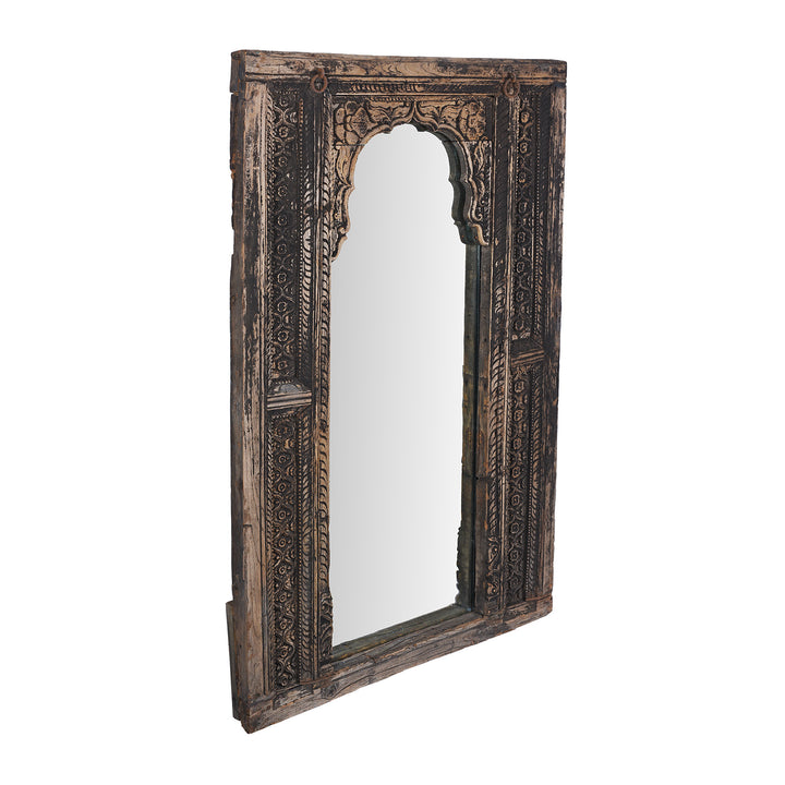 Angled View Of Antique Indian Carved Teak Window Mirror From Maharashtra