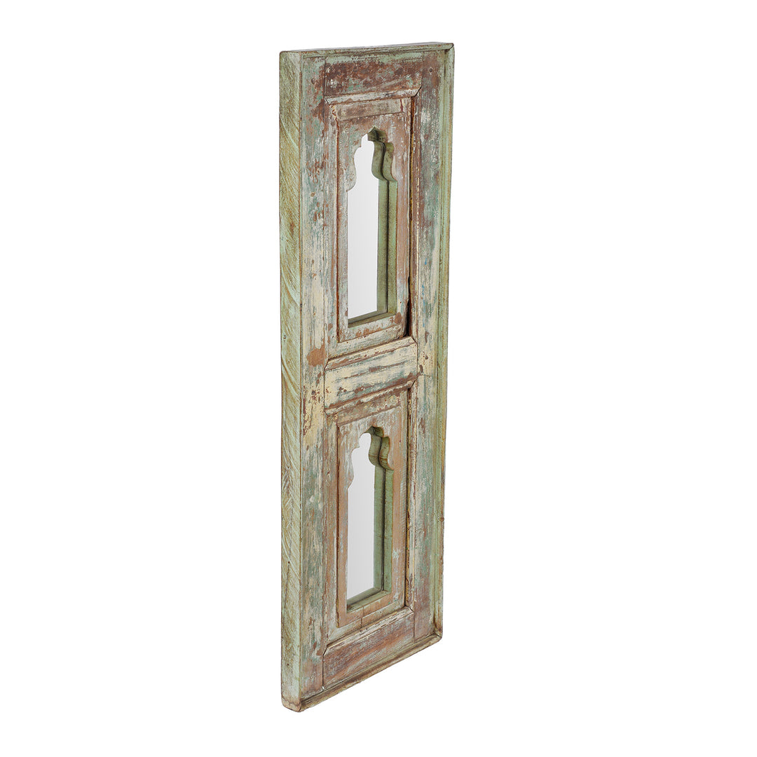 Angled View Of Indian Double Mihrab Mirror Made From Old Teak | Indigo Antiques