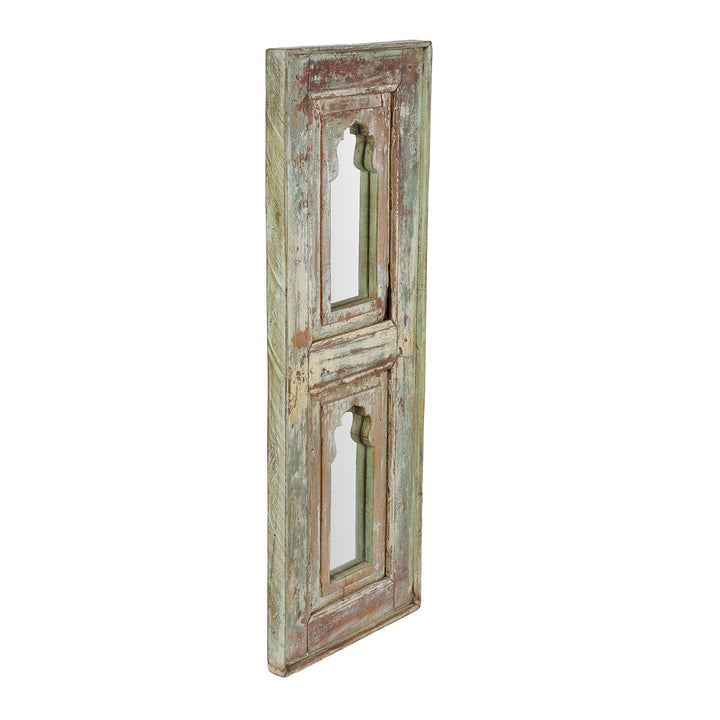 Angled View Of Indian Double Mihrab Mirror Made From Old Teak | Indigo Antiques