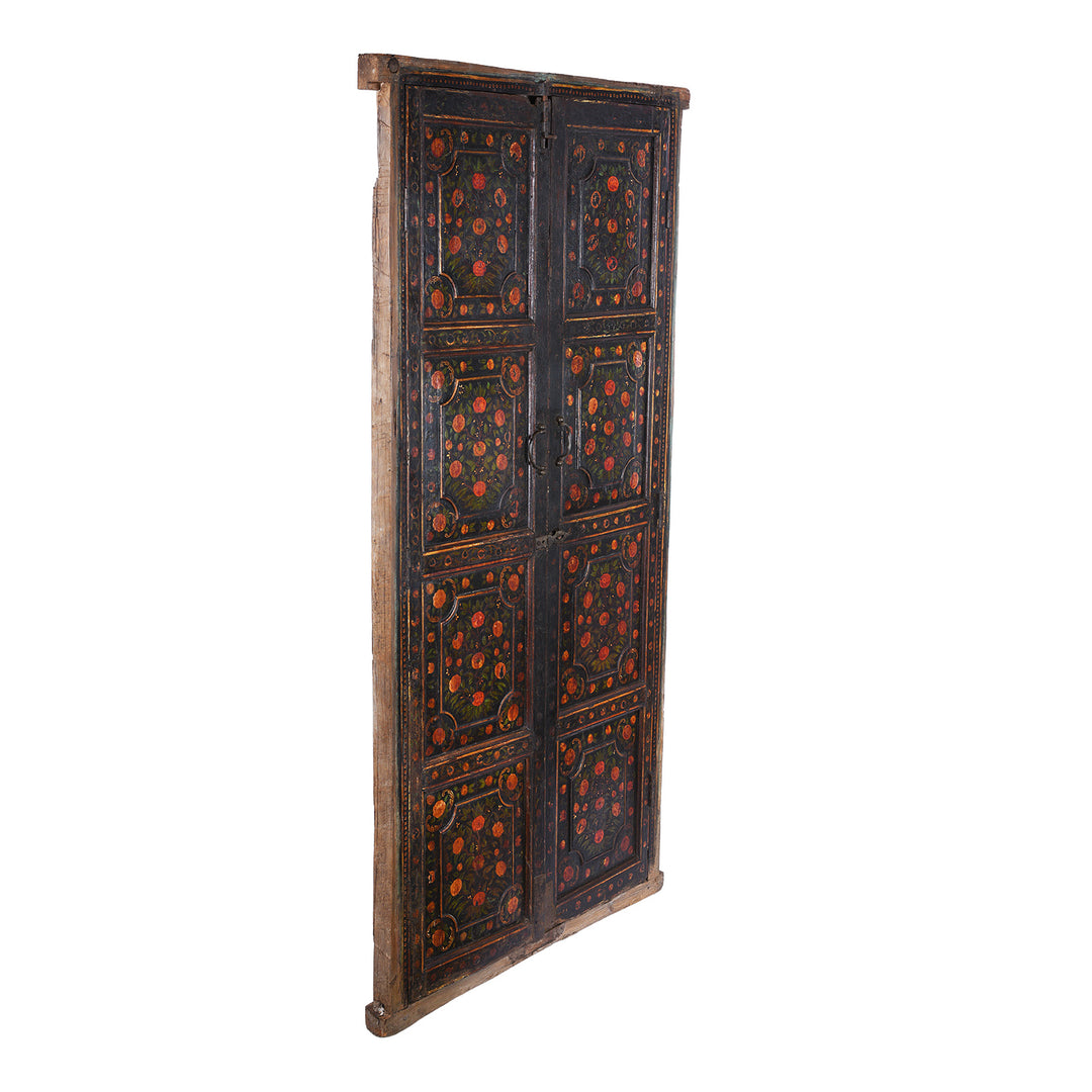 Angled VIew Of Antique Indian Painted Bikaner Doors | Indigo Antiques