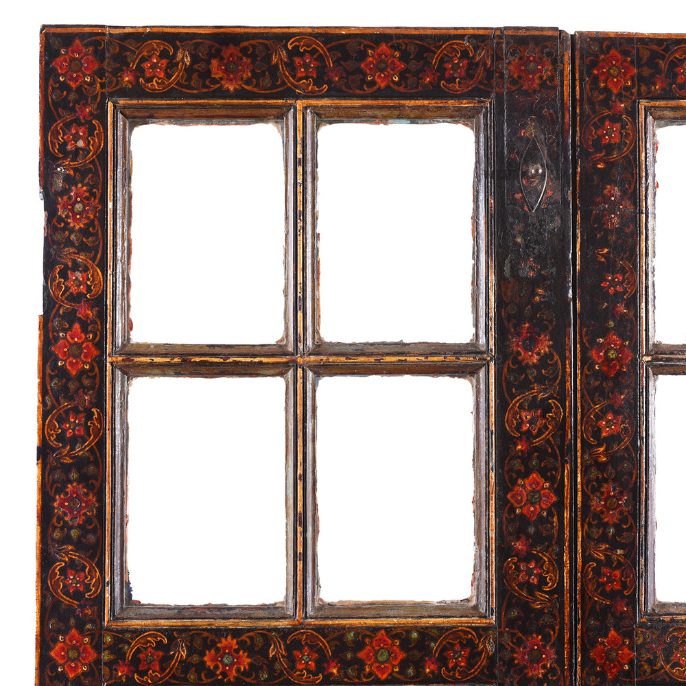 Corner Detail From Qajar Style Hand Painted And Glazed Antique Doors From Bikaner Rajasthan With Floral Tree Of Life Decoration On Black Ground Late 18Th Century | Indigo Antiques