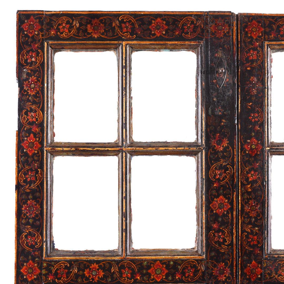 Corner Detail From Qajar Style Hand Painted And Glazed Antique Doors From Bikaner Rajasthan With Floral Tree Of Life Decoration On Black Ground Late 18Th Century | Indigo Antiques
