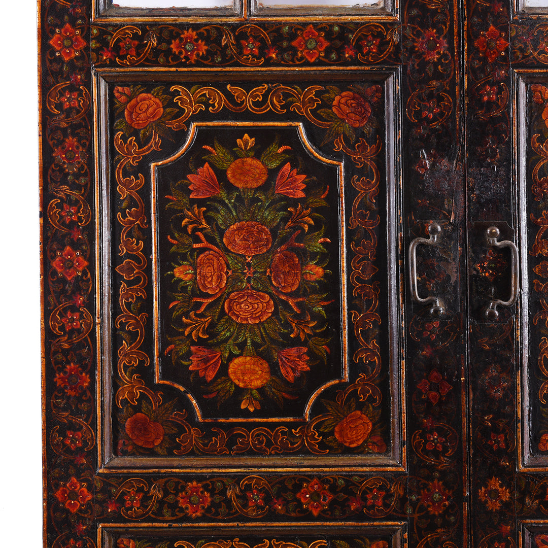 Paintwork Detail From Qajar Style Hand Painted And Glazed Antique Doors From Bikaner Rajasthan With Floral Tree Of Life Decoration On Black Ground Late 18Th Century | Indigo Antiques