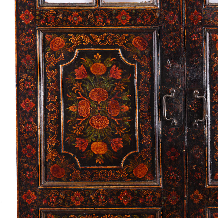 Paintwork Detail From Qajar Style Hand Painted And Glazed Antique Doors From Bikaner Rajasthan With Floral Tree Of Life Decoration On Black Ground Late 18Th Century | Indigo Antiques