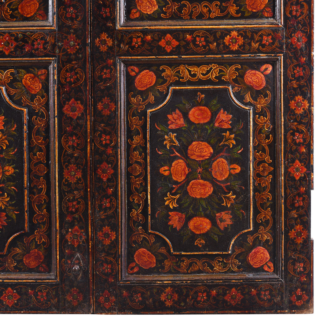 Paintwork Detail From Qajar Style Hand Painted And Glazed Antique Doors From Bikaner Rajasthan With Floral Tree Of Life Decoration On Black Ground Late 18Th Century | Indigo Antiques