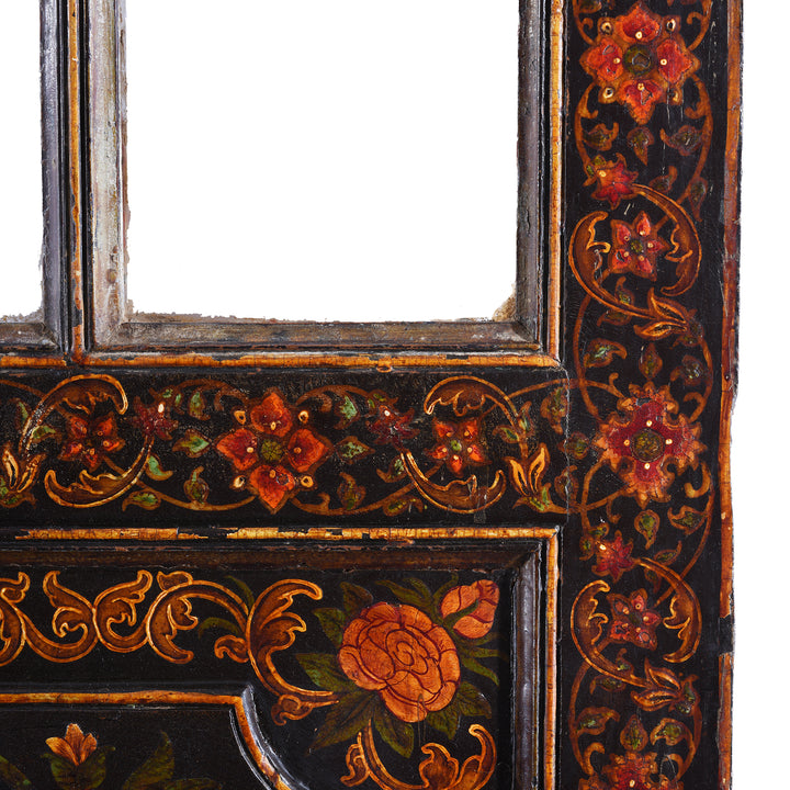 Paintowrk Detail From Qajar Style Hand Painted And Glazed Antique Doors From Bikaner Rajasthan With Floral Tree Of Life Decoration On Black Ground Late 18Th Century | Indigo Antiques