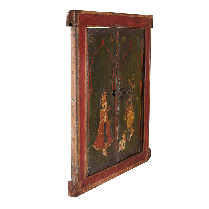 Angled VIew Of Antique indian Painted Window Shutter | Indigo Antiques