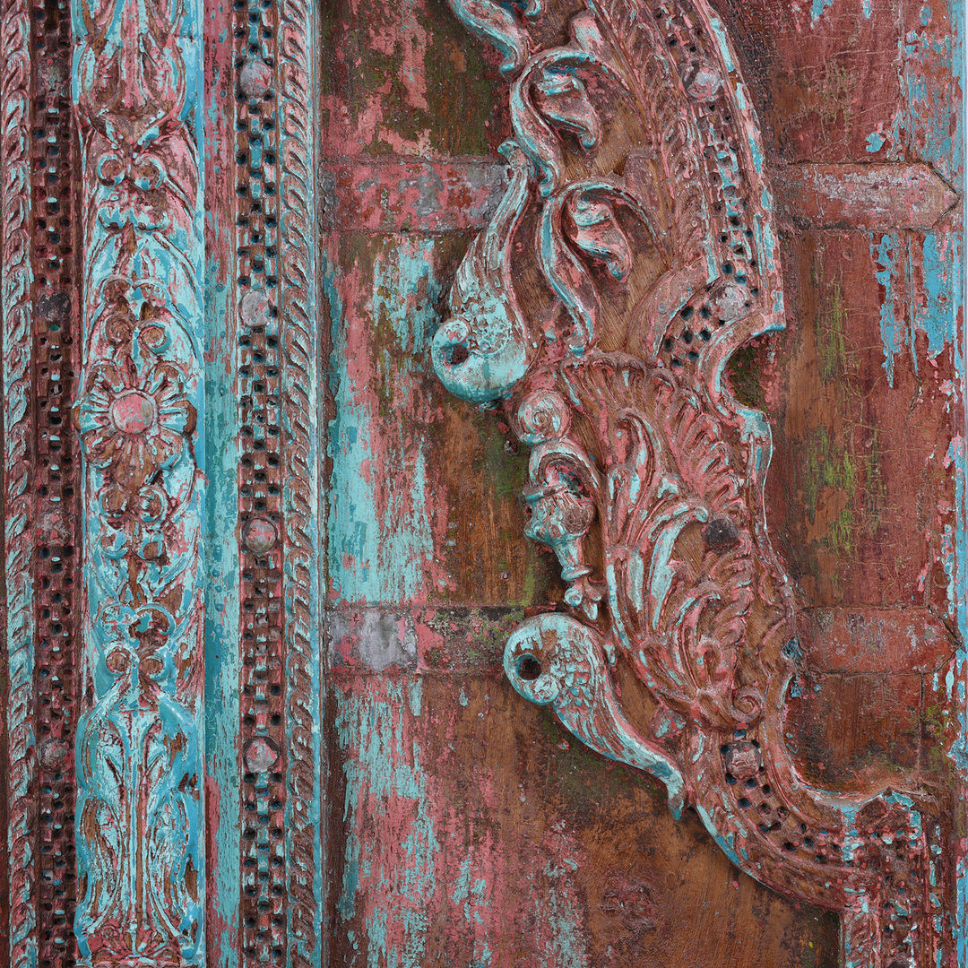 Carving Detail From Antique Indian Painted Bikaner Roheda Door 